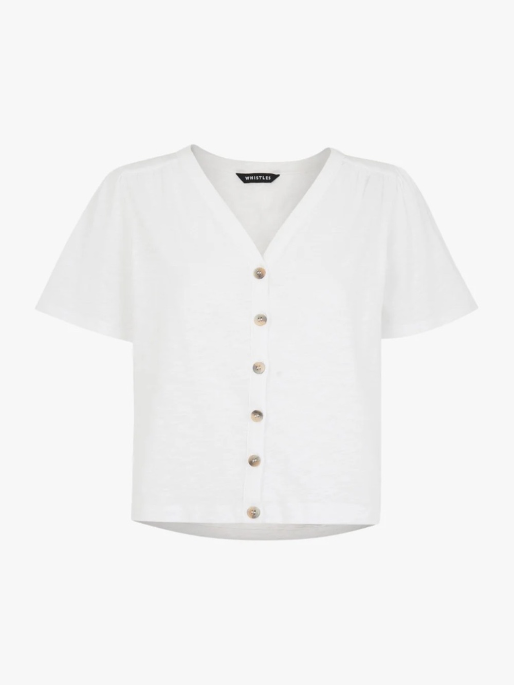 Whistles Maeve White Cotton V-Neck Button Tee, Size XS